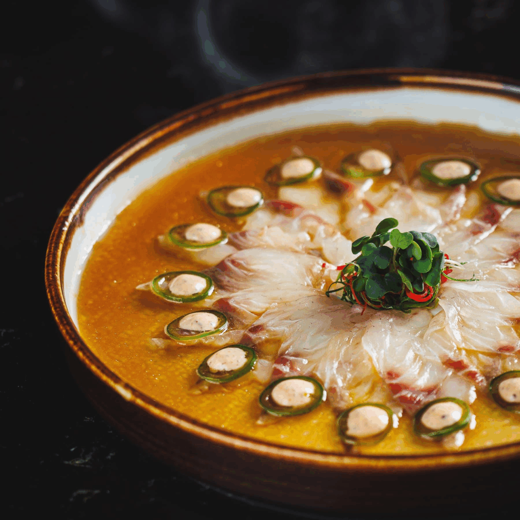 A bowl of soup for lunch with garnishes
