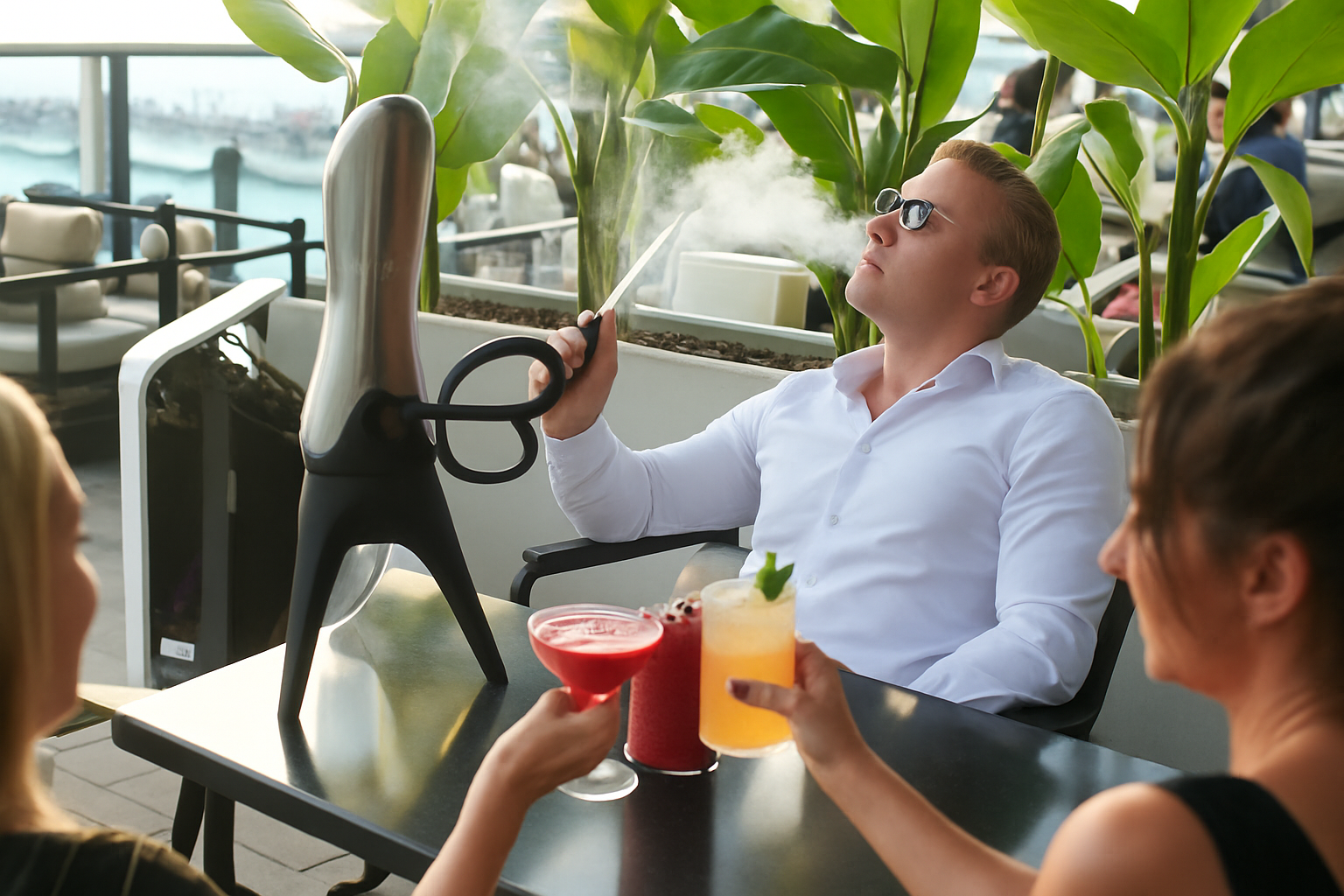 man enjoying shisha at Amaya restaurant with two ladies enjoying coctails