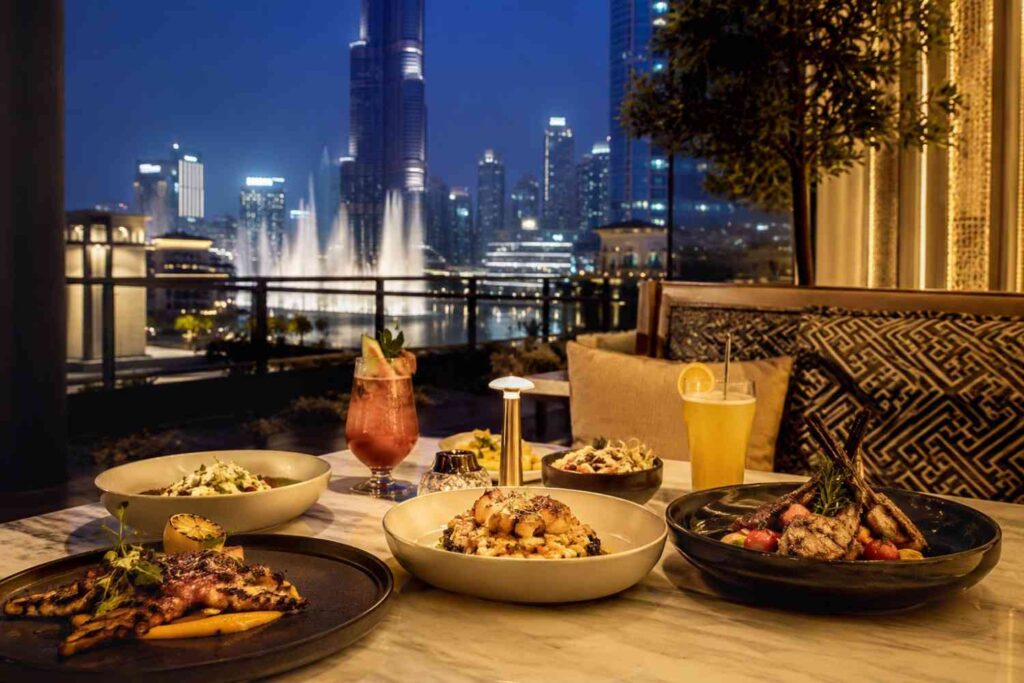 Luxury dining experience at AMAYA with gourmet dishes, elegant ambiance, and stunning Burj Khalifa and Dubai Fountain views.