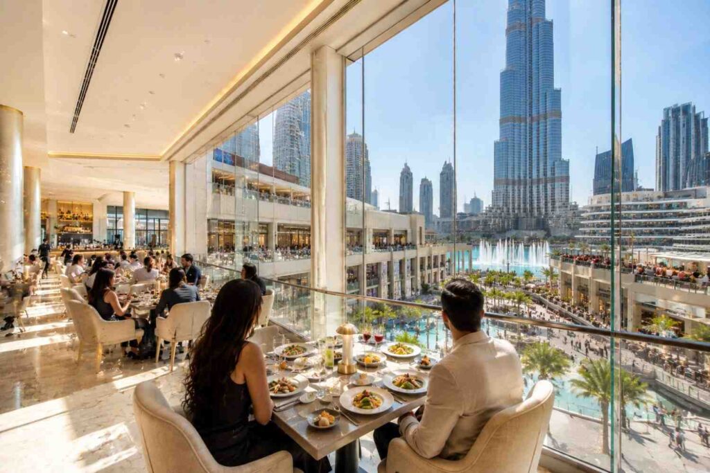 Luxury indoor dining experience at AMAYA in Dubai Mall, featuring elegant seating, gourmet cuisine, floor-to-ceiling windows, and breathtaking views of the Burj Khalifa and Dubai Fountain in a bright, sophisticated setting.