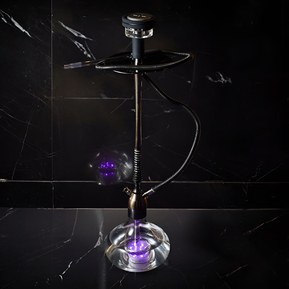 Stylish hookah with glass base and purple glowing water