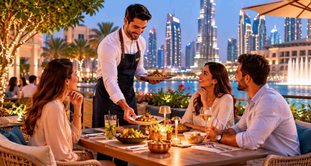 Dusk dining with skyline views in Dubai